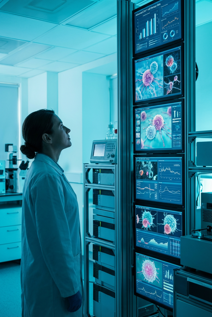 A female scientist analyzing CAR-T cell therapy data and T-cell imagery on vertical screens in a high-tech research laboratory.