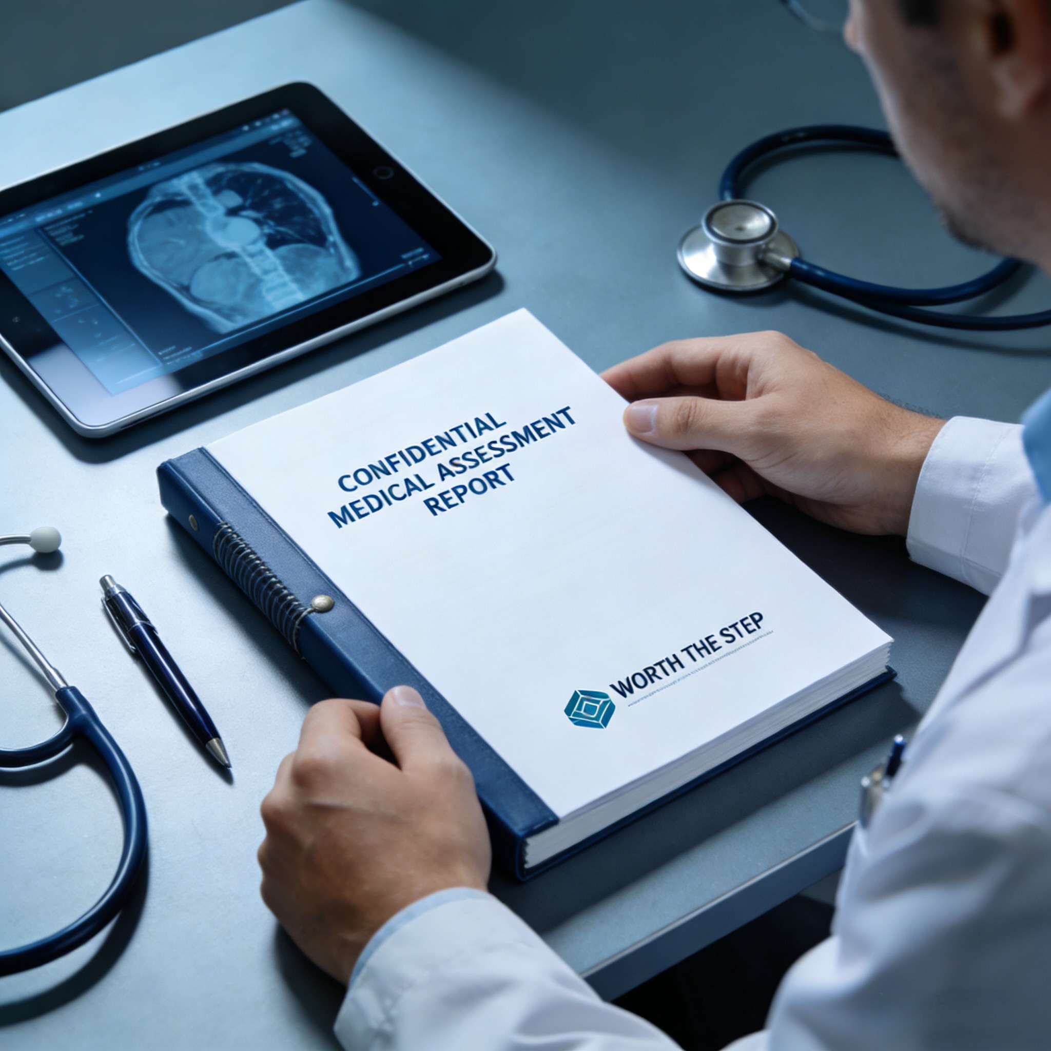 A confidential medical treatment feasibility review report by Worth The Step, placed on a doctor's desk next to a tablet displaying patient scans.